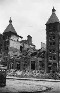 Damage to Ethelburga Street School following a daylight raid on Battersea, London
