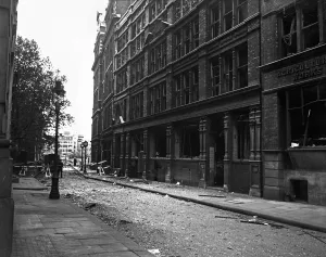 Damage to Fetter Lane, London following a V1 explosion in the capital. 19th July 1944