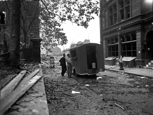 Damage to Fetter Lane, London following a V1 explosion in the capital. 19th July 1944