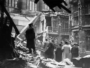 Parliament Prints: Damage to the House of Commons after the night bombings by the Germans noticed in