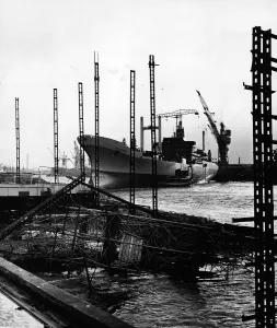 Storm Prints: Damage to shipyard cranes caused by a heavy storm in Scotland January 1968