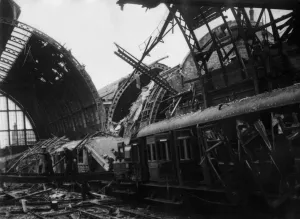 00172 Prints: Some of the damaged coaches afer Nazi air raids on Middlesbrough Station