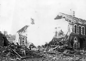 01434 Prints: A damaged house in Cardiff following an attack by Nazi raiders. Circa 1941