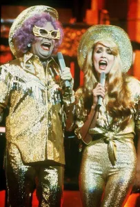Dame Edna Everage with Jerry Hall at a Royal Variety Performance