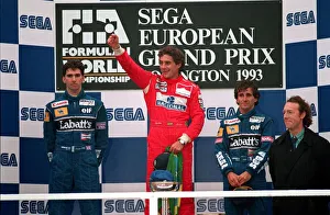 DAMON HILL, AYRTON SENNA & ALAIN PROST ON WINNERS PODIUM AT THE SEGA EUROPEAN GRAND PRIX