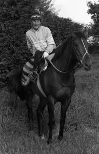 One Man Only Prints: Dancing Brave and jockey Greville Starkey after an early morning gallop 29th May