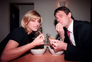 Dani Behr TV Presenter with cocktails September 1997 with Daily Mirror witer