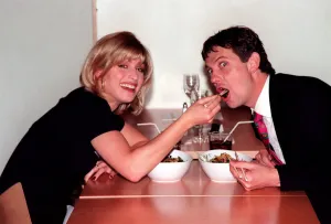 Dani Behr TV Presenter with cocktails September 1997 with Daily Mirror witer Matthew
