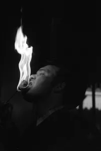 Fire Eaters Prints: Danny Almond a porter at the Woodgate Park station has a special talent he also does