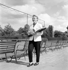 Darlene Hard the American tennis star photographed at Wimbledon today