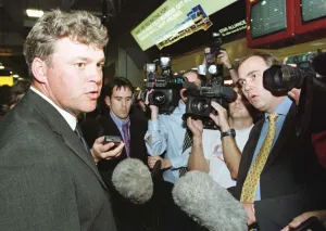 00401 Prints: Darren Clarke talks to the press at Heathrow Sept 1999 after the Ryder Cup defeat