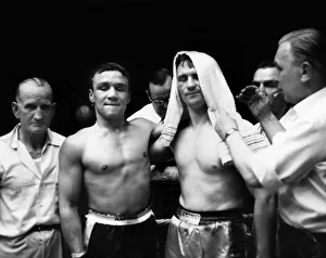 Dave Charnley v Jummy Croll. Jimmy Crolls cut eye is covered as he poses with Dave