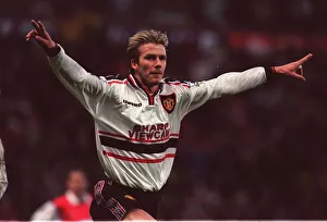 David Beckham celebrates first goal April 1999 against Arsenal in the FA Cup Semi