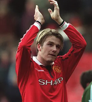 David Beckham celebrating after Manchester United Feb 1999 had beaten Southampton