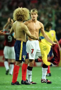 World Cup Prints: David Beckham swops shirts with Carlos Valderrama Jun 98 after Englands victory