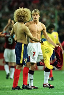 David Beckham swops shirts with Carlos Valderrama Jun 98 after Englands victory
