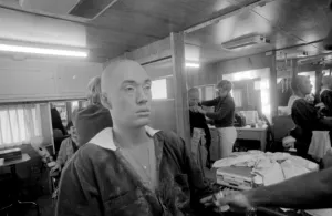 David Carradine actor has his makeup applied on set of TV programme Kung Fu (1972-1975)