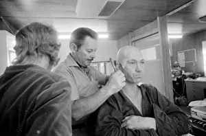 David Carradine actor has his makeup applied on set of TV programme Kung Fu (1972-1975)