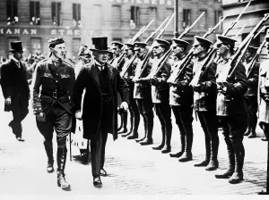 David Lloyd George British Prime Minister inspects troops during World War One. 1917
