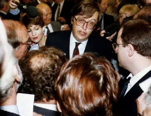 Scandal Prints: David Mellor Conservative MP surrounded by journalists at the press conference AGM