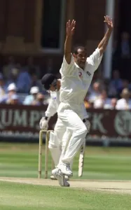 Dean Headley claims the wicket of the first Kiwi July 1999 wicket of the day