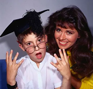 Debbie Greenwood TV presenter September 1986 with schoolboy Paul Cherry