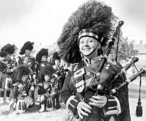 Debbie White, 20, the only girl member of the South Tyneside Pipe Band in June 1986
