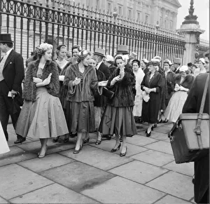Queue Prints: Debutantes queue at Buckingham Palace this morning to meet Queen Elizabeth II