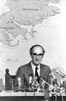 Microphones Prints: Defence Secretary John Nott making an announcement that British troops are firmly