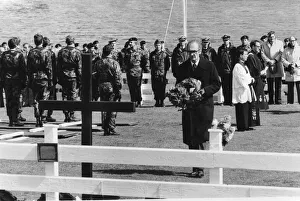 01523 Prints: Defence Secretary John Nott placing wreath on memorial in the Falkland Islands cemetery