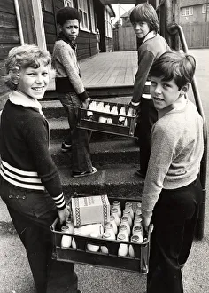 Crates Prints: Delivering milk to the classrooms at Gunter Road Junior School, Pype Hays erdington