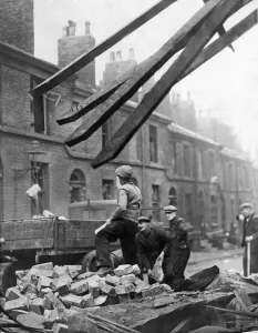 Ruins Prints: Demolition squads at work after a Nazi Luftwaffe raid on Liverpool and Merseyside
