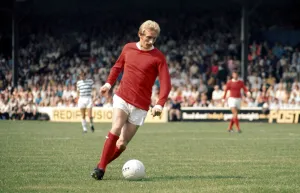 Denis Law in action for Manchester United during their English League Division One match