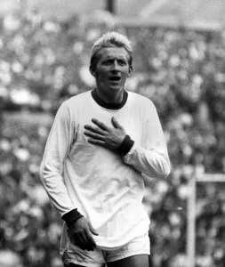 Denis Law of Manchester United in action during the league match against Crystal Palace
