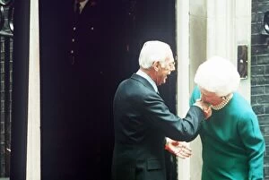Images Dated 1st June 1989: Denis Thatcher with Barbara Bush at No. 10 Downing Street June 1989