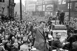 The Derby County team return home with the FA Cup trophy following their victory over