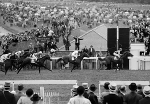 00439 Prints: The Derbyat Epsom, June 1957. Lester Piggott winning on the Favourite Crepello