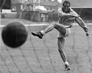 00242 Prints: Derek Dougan Leicester City football player fires in a shot during training session ahead