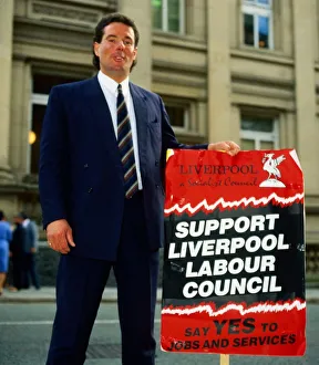 Left Wing Prints: Derek Hatton of the Liverpool Labour Council holding a banner. September 1985