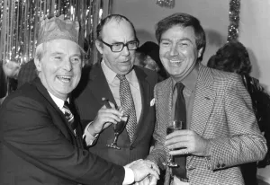 Drinks Prints: Des O Connor with Morecombe and Wise at Christmas party - December 1982