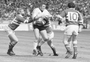 A desperate defence by Wakefield Trinity as Widnes attack their try line during the Rugby