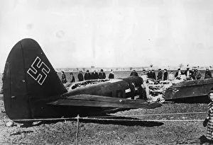 Denmark Prints: Destroyed Junkers-88 aircraft which made a forced landing on the island of Laaland