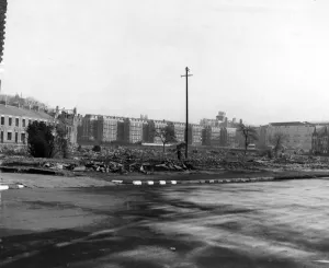 Destruction following an air raid in Cardiff, Wales. Pictured is Brook Street