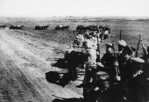 Russia Prints: A detachment of of the Soviet Popular Volunteer Force on the way to the front line near