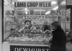 Dewhurst Butchers shop window, picture taken during Lamb Chop Week February 1963