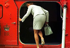 Diana, Princess of Wales boards helicopter Queens Flight as she departs Leicester