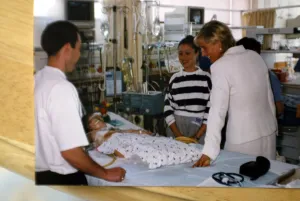 Diana, Princess of Wales pays a visit to two year old Marie Jan Murray at Great Ormond