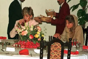 Diana, Princess of Wales at a restaurant for dinner with her friend Jemima Khan (right