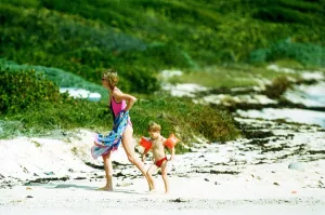 Diana, Princess of Wales with her son Prince Harry on holiday on Necker Island