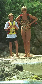 Diana, Princess of Wales with her son Prince Harry on holiday in St Tropez in the South